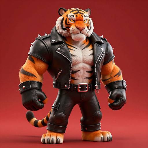 Anthropomorphic tiger in black leather jacket and pants, spiked cuffs, and gloves, standing confidently against a red background. CGI style.