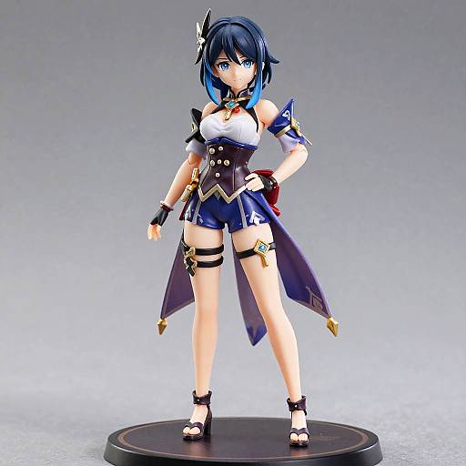 CGI anime-style figure of a blue-haired girl with blue and white outfit, thigh straps, and high heels, standing on a round base.