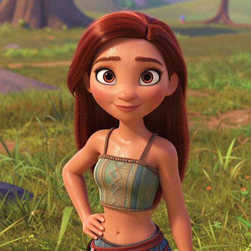 CGI image of an anime-style girl with large eyes, brown hair, and a green, patterned crop top, standing in a grassy,