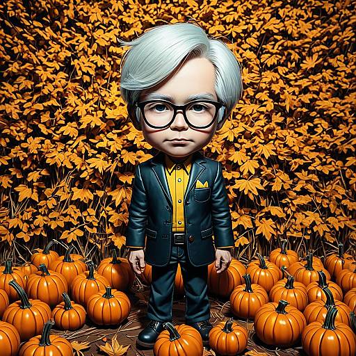 Chibi Andy Warhol with Pumpkins in Fall Setting