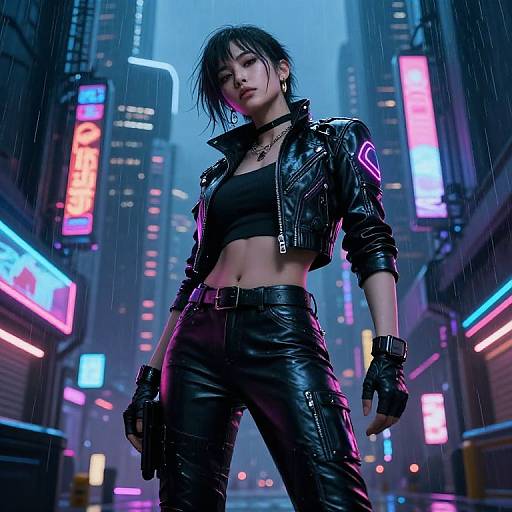 Digital artwork of a tough, Asian woman in a black leather jacket and pants, standing in a neon-lit, rainy cyber-city street, with vibrant