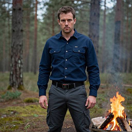 Photograph of a serious, muscular man in a blue button-up shirt and dark pants standing in a forest with a small campfire.
