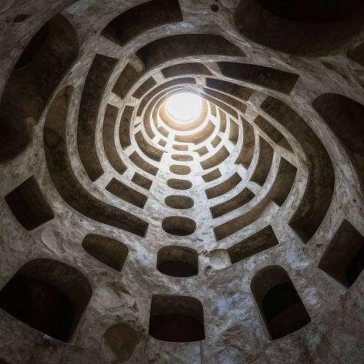 Photograph of a spiral stone staircase viewed from below, with a bright circular light at the center, creating a striking contrast.