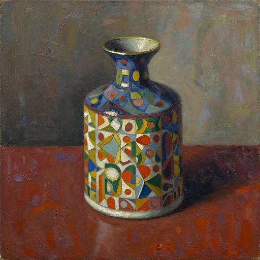 Oil painting of a colorful, mosaic-patterned vase with geometric shapes, set against a textured, dark red and brown background.