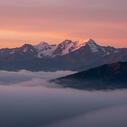 Photograph of snow-capped mountains at sunset, with pink and orange sky, silhouetting dark forested slopes, and layering of dense white