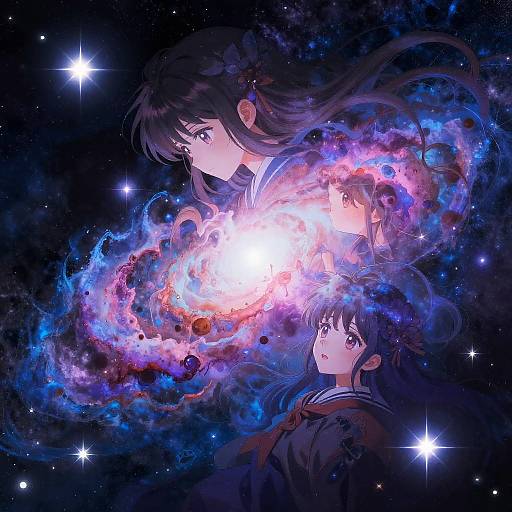 Digital anime artwork of three dark-haired girls with glowing, cosmic energy swirling around them, set against a starry, galaxy-like background. Bright light at