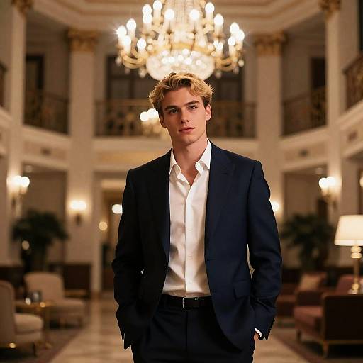 Cinematic Hotel Lobby Blonde Gentleman