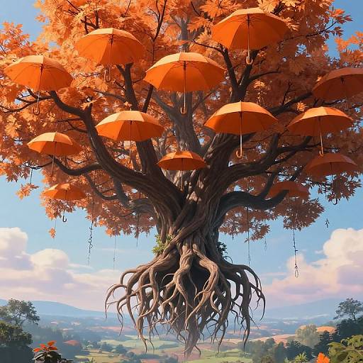 Digital art of a fantastical tree with vibrant orange leaves, hanging orange umbrellas, and gnarled roots, set against a bright blue sky and