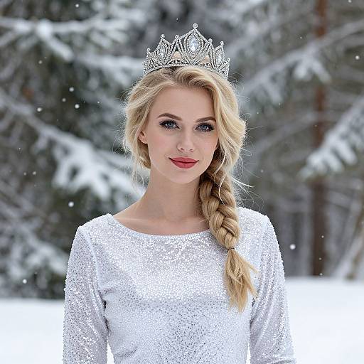 Photograph of a blonde woman with fair skin, wearing a sparkling silver tiara and white sequined dress, standing in a snowy forest. Long b