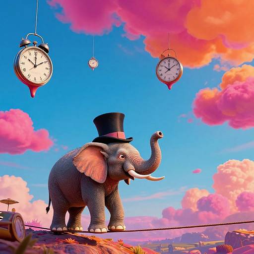 Digital illustration of a gray elephant wearing a black top hat, standing on a wire, against a vibrant blue sky with pink clouds, and three hanging clocks