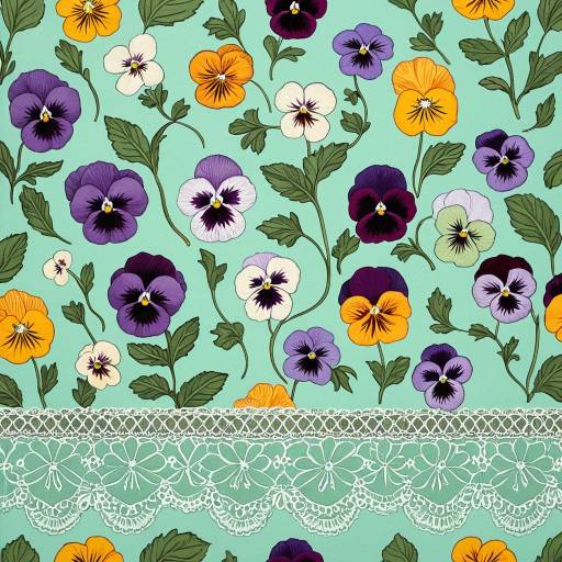 Colorful Floral Pattern with Pansies and Lace Border