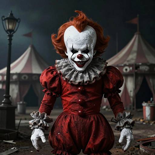 Digital illustration of a creepy clown with a white face, red hair, and red dress, standing in a dark carnival with striped tents and a lampp