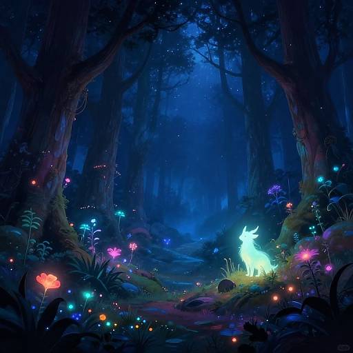 Digital fantasy forest painting featuring glowing, colorful flowers and a luminous white deer illuminated in a dark, mystical blue night.