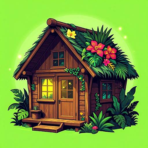 Colorful digital drawing of a wooden hut with a thatched roof, surrounded by lush greenery and vibrant pink hibiscus flowers, set against