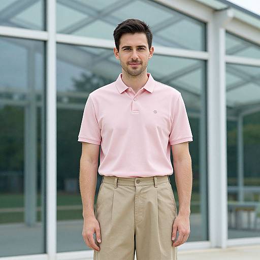 Photograph of a handsome man with short dark hair, light stubble, wearing a pink polo shirt and beige pants, standing in front of a modern