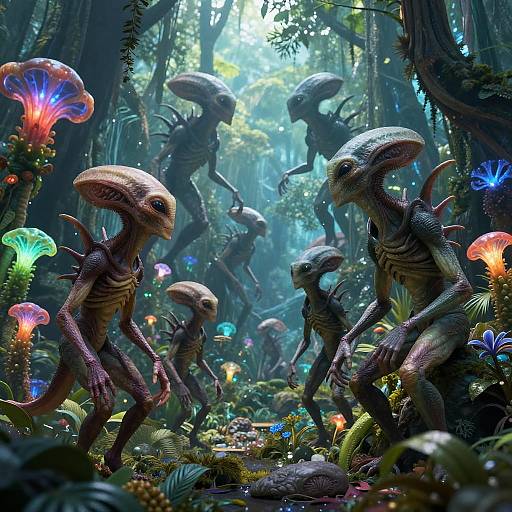 Digital art: Alien-like creatures with large heads and spiky backs in a vibrant, luminescent forest filled with colorful glowing mushrooms.
