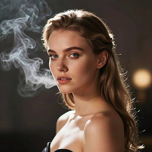 Photograph of a young woman with fair skin, blue eyes, and long blonde hair, smoking, with white smoke curling around her face against a