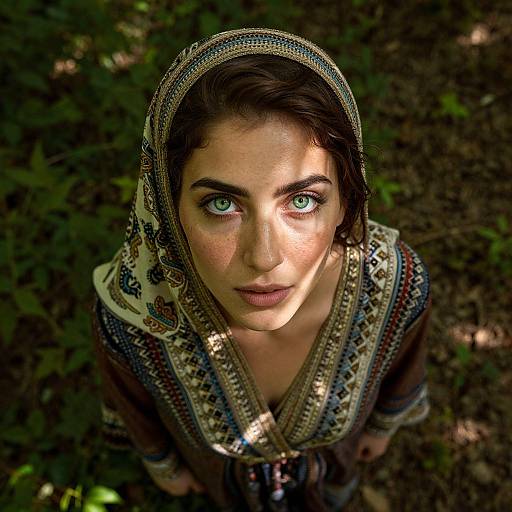 Photograph of a young woman with striking blue eyes, wearing a patterned headscarf and traditional embroidered dress, looking up with a focused expression in