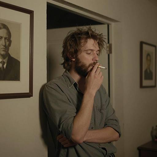 Disheveled Man in Dimly Lit Room