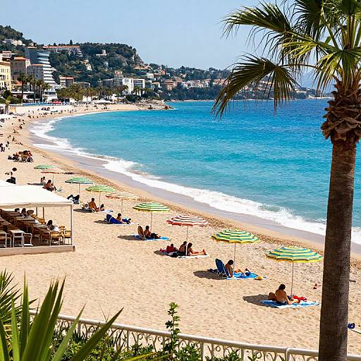 Photograph of a sunny beach with turquoise water, palm trees, colorful umbrellas, people sunbathing and swimming, and a hilly town in