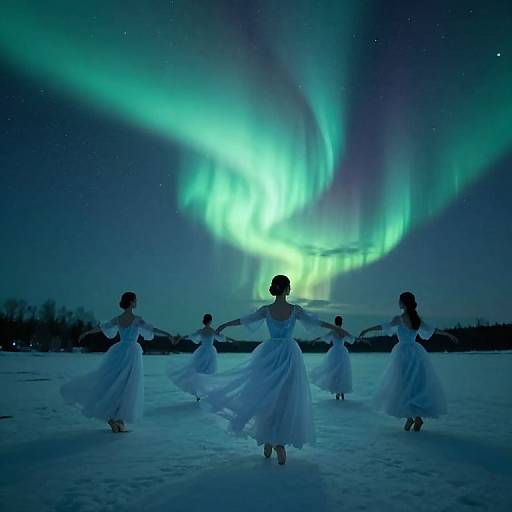 Photograph of seven women in white flowing dresses dancing in a snowy field under vibrant green and blue Northern Lights.