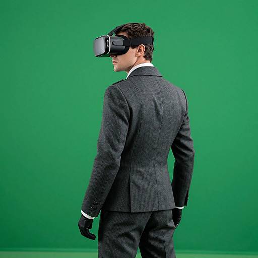 Photograph of a man in a gray pinstripe suit, black gloves, and VR headset, standing against a green chroma key background.