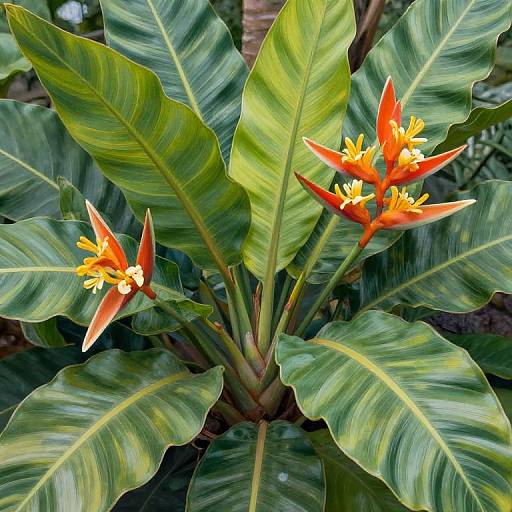 Photograph of a vibrant bird of paradise plant with bright orange and yellow flowers, surrounded by large, green, wavy-edged leaves.