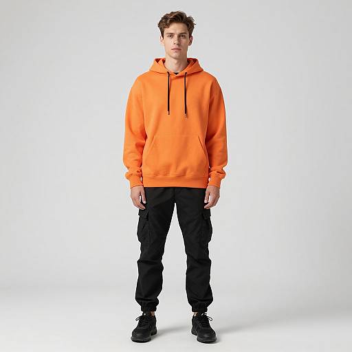 Man in Orange Hoodie and Black Cargo Pants