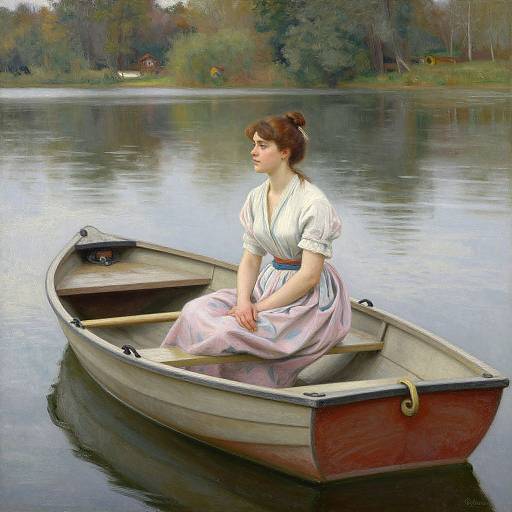 A serene painting of a fair-skinned woman with brown hair in a bun, wearing a white blouse and pink skirt, sitting in a small wooden row