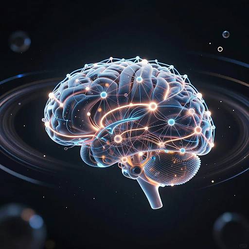 Digital art of a glowing, wireframe human brain with bright blue and orange lights, floating in a dark space background.