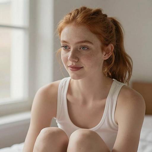 Photograph of a fair-skinned, red-haired young woman with freckles, wearing a white tank top, sitting on a bed in a sun