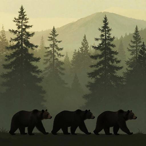 Silhouetted Bears in Misty Forest