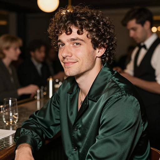 Man with Curly Hair Sitting at Bar