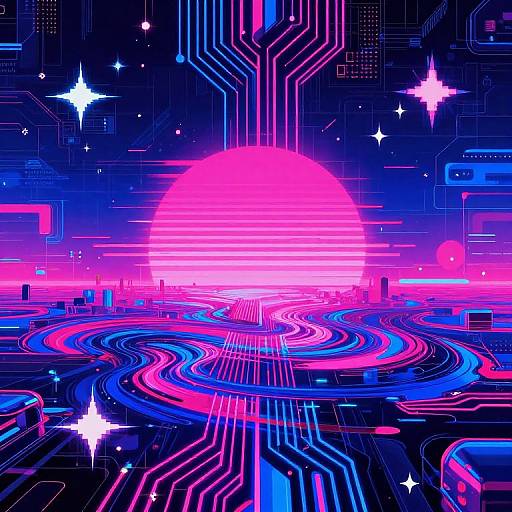 Neon digital artwork: vibrant pink and blue circuitry paths winding towards a glowing pink sun, surrounded by stars and electronic lines.