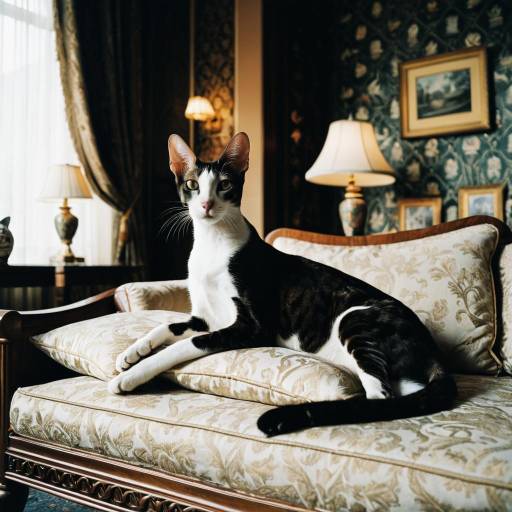 Oriental Shorthair Cat Lounging on Vintage Sofa