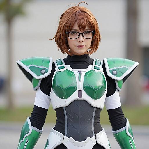 Photograph of a woman with short brown hair, black glasses, and green-white armor, standing outdoors with a blurred background.