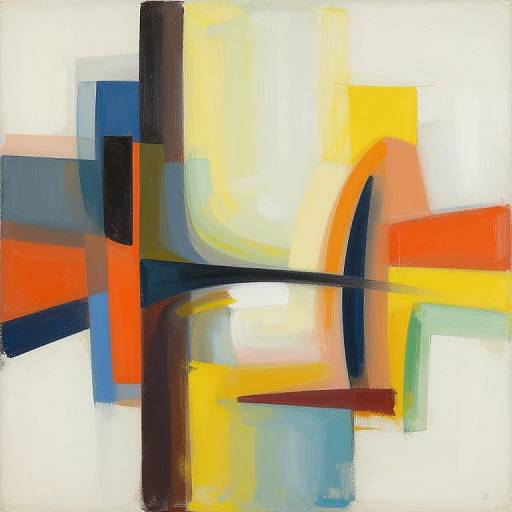 Abstract painting with bold geometric shapes, vibrant colors (yellow, orange, blue, black, red), intersecting lines, and smooth, blended textures.