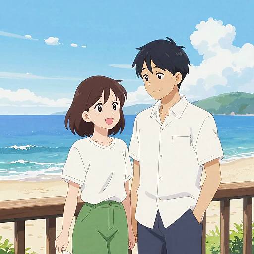 Anime-style illustration of a young couple standing on a beachfront wooden railing, wearing white shirts and green/purple pants, looking at each other against a