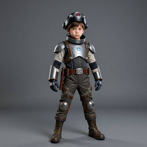 Photograph of a young Asian boy in detailed sci-fi armor, including silver chest plate, helmet, gloves, and brown pants, standing confidently against a