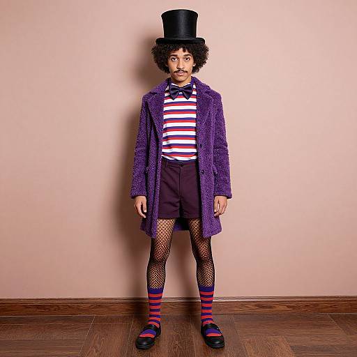 Photograph of a person with curly hair, black top hat, purple textured coat, striped shirt, black shorts, fishnet stockings, and striped knee