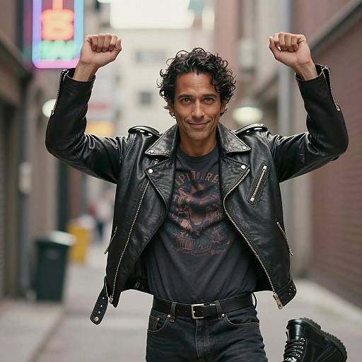 Photograph of a curly-haired man with medium skin tone, wearing a black leather jacket and dark shirt, raising fists in an urban alleyway with neon
