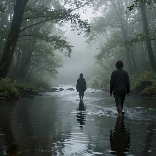 Photograph of two silhouetted figures walking through a misty, forested stream; one ahead, one behind, both in dark clothing,