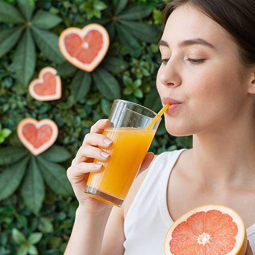 Photograph of a fair-skinned woman with brown hair, wearing a white top, drinking orange juice with a straw, against a green leafy background