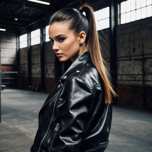 Fashion Model with Sleek Ponytail in Leather Jacket Fashion Model with Sleek Ponytail in Leather Jacket