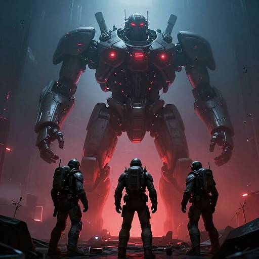 Futuristic Explorers Facing Towering Mech