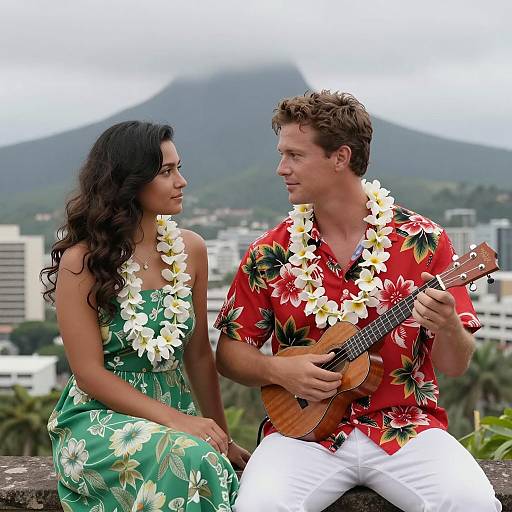 Couple in Hawaiian Attire with Ukulele by Cityscape and Mountain