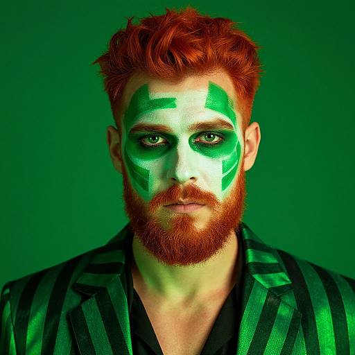 Photograph of a red-haired, bearded man with green face paint, green and black striped shirt, against a green background.