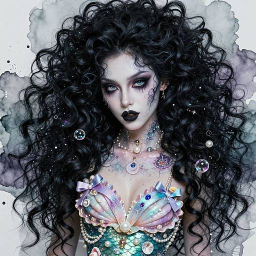 Digital fantasy portrait of a pale-skinned woman with long, wild black hair, dark makeup, and a shimmering, gem-embellished top