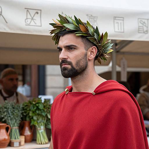 Photograph of a bearded man with olive skin wearing a red cloak and leafy crown, standing in a marketplace with potted herbs. Classical,