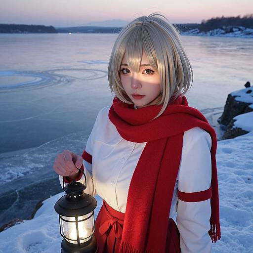 Photograph of a blonde woman in a white kimono and red scarf, holding a lantern, standing by a frozen lake at sunset.